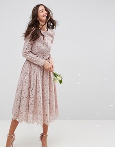 Кружевное платье миди для выпускного с длинными рукавами ASOS WEDDING - Бежевый