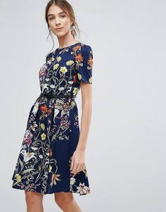 Платье с цветочным принтом и поясом Uttam Boutique - Темно-синий