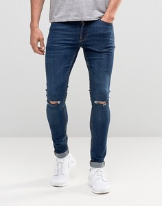 Темные супероблегающие джинсы с рваными коленями ASOS - Синий