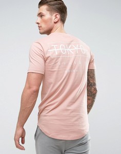 Удлиненная футболка с асимметричным краем и принтом Only &amp; Sons - Розовый