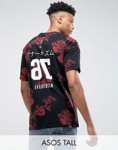 Длинная свободная футболка с цветочным принтом ASOS TALL - Черный