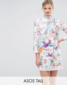 Платье мини из тафты с вышитыми птицами ASOS TALL - Кремовый