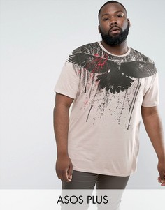 Длинная футболка с принтом птиц на кокетке ASOS PLUS - Бежевый