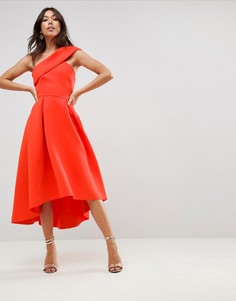 Приталенное платье миди на одно плечо с удлиненным кроем сзади ASOS - Оранжевый