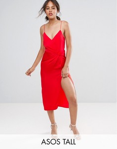 Атласное платье-футляр миди на бретельках с тиснением ASOS TALL - Красный