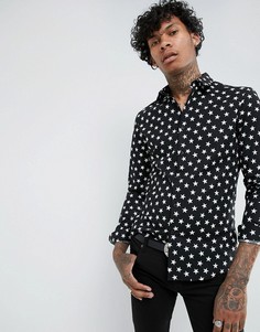 Черная приталенная рубашка с принтом звезд ASOS - Черный