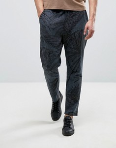 Суженные брюки с добавлением льна и принтом листьев ASOS - Темно-синий