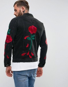 Выбеленная черная джинсовая куртка с вышитыми розами Liquor &amp; Poker - Черный