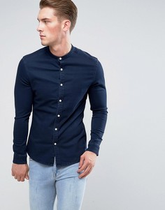 Приталенная джинсовая рубашка с горловиной на пуговице ASOS - Темно-синий