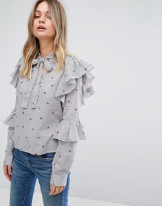 Блузка в полоску с цветочным принтом и оборками на рукавах Vero Moda - Серый