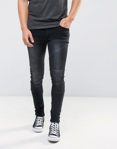 Черные выбеленные супероблегающие джинсы с вышивкой и байкерской отделкой ASOS - Черный