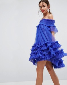 Платье мини из тюля со спущенными плечами и сборками ASOS - Синий
