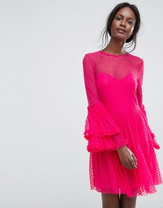 Платье мини из прозрачной сетки с оверсайз-рукавами Lace &amp; Beads - Розовый