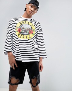 Oversize-футболка в полоску с рукавами 3/4 и принтом Guns And Roses ASOS - Белый