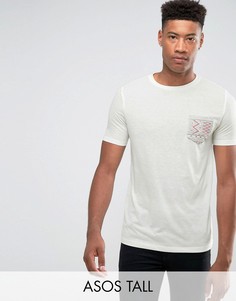 Футболка с добавлением льна и ацтекским принтом на кармане ASOS TALL - Белый
