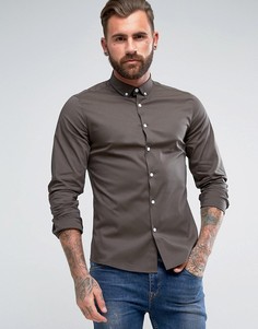 Эластичная рубашка хаки узкого кроя с воротником на пуговицах ASOS - Зеленый