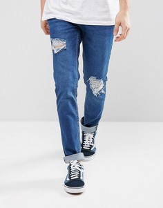 Выбеленные эластичные джинсы скинни цвета индиго с рваной отделкой Zeffer - Синий