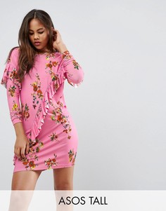 Платье-футболка мини с оборками и цветочным принтом ASOS TALL - Розовый