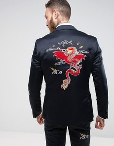 Темно-синий облегабщий атласный пиджак с вышивкой ASOS - Темно-синий