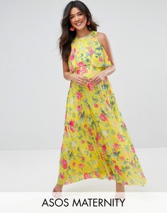 Платье макси с юбкой плиссе и цветочным принтом ASOS Maternity - Желтый