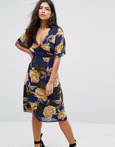 Платье миди с короткими рукавами и цветочным принтом Missguided - Темно-синий