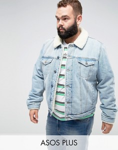 Выбеленная джинсовая куртка с подкладкой из искусственного меха ASOS PLUS - Синий