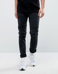 Черные рваные байкерские джинсы скинни ASOS - Черный