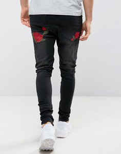 Джинсы скинни с вышитой розой SikSilk - Черный