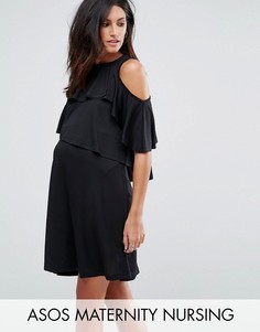 Платье с вырезами на плечах и рюшами ASOS Maternity NURSING - Черный
