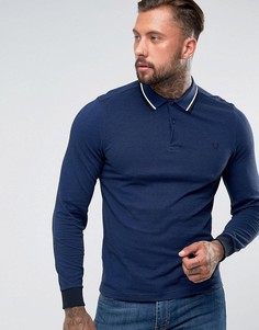 Узкое синее поло с контрастным воротником и длинными рукавами Fred Perry - Синий