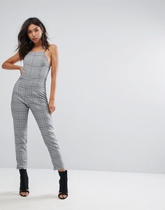 Укороченный клетчатый комбинезон с бретельками PrettyLittleThing - Серый