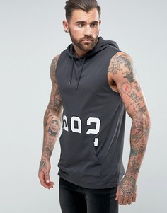 Длинная футболка без рукавов с капюшоном и накладным карманом ASOS - Черный