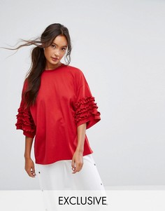 Свободная футболка с оборками Monki - Красный