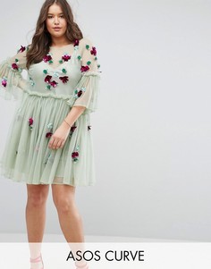 Свободное платье из тюля с рукавами клеш и отделкой ASOS CURVE - Зеленый