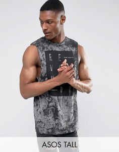 Длинная футболка без рукавов с текстовым принтом ASOS TALL - Черный