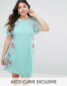 Короткое приталенное платье с цветочной отделкой и рукавами-бабочка ASOS CURVE - Синий