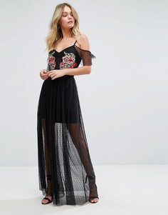 Сетчатое платье макси в горошек с вышивкой New Look Premium - Черный