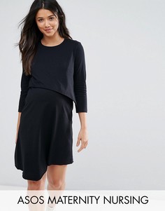 Асимметричное двухслойное платье в полоску с рукавами 3/4 ASOS Maternity NURSING - Черный