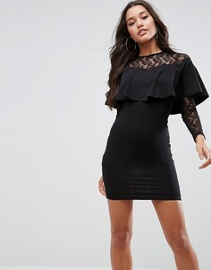 Облегающее платье мини с кружевными вставками и оборкой ASOS - Черный