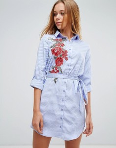 Платье-рубашка с цветочной вышивкой и поясом Parisian - Синий