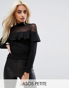 Топ с сеточкой и оборкой ASOS PETITE - Черный