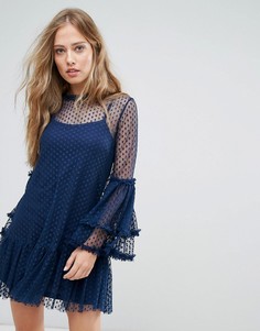 Сетчатое свободное платье в горошек с высоким воротом Lace &amp; Bead - Темно-синий