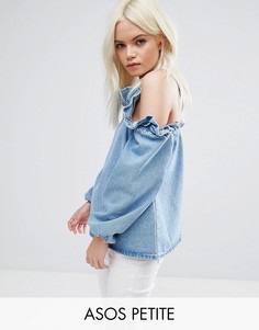 Синий джинсовый топ с открытыми плечами и оборками ASOS PETITE - Синий