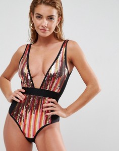 Слитный купальник с глубоким вырезом и пайетками ASOS PREMIUM - Мульти