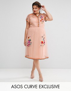 Сетчатое платье миди с вышивкой и отделкой ASOS CURVE PREMIUM - Оранжевый