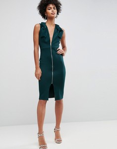 Облегающее платье миди с глубоким вырезом и бантами ASOS - Зеленый