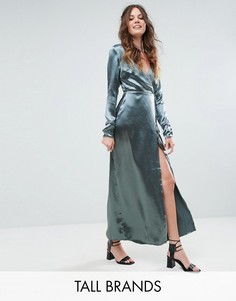 Атласное платье макси с запахом и контрастной окантовкой Glamorous Tall - Синий