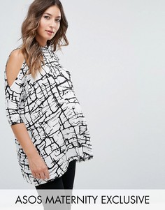 Топ с открытыми плечами, высоким вырезом и абстрактным принтом ASOS Maternity - Мульти