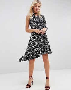 Чайное платье миди в горошек с одним рукавом и завязкой на шее ASOS - Мульти