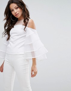 Блузка из органзы с оборками на рукавах и сетчатой вставкой PrettyLittleThing - Белый